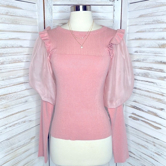 Anthropologie Sweaters - ANTHROPOLOGE l Pastel Barbie Pink Ribbed Puff Sleeve Sweater XS